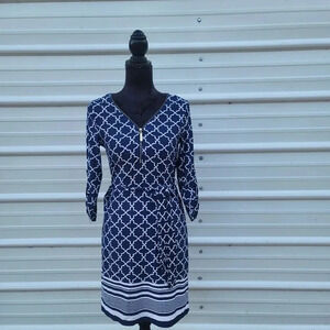 Tacera Navy White Print Dress Petite S PS Gold Zipper Belt Jersey 3/4 Sleeve